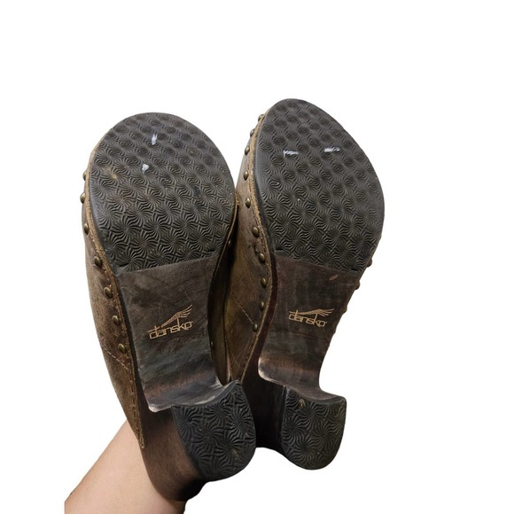 Dansko 38 Brown Leather Wooden Clog Chunky Comfort Boho Rae Heel Orthopedic - Picture 3 of 7